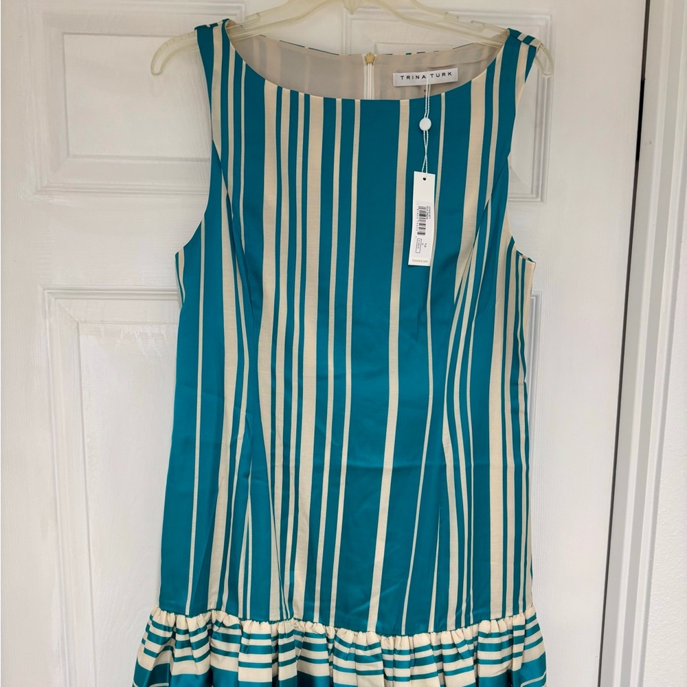Worn Once - Trina Turk Rain Dress Size 10 gorgeous marine blue stripe mini dress